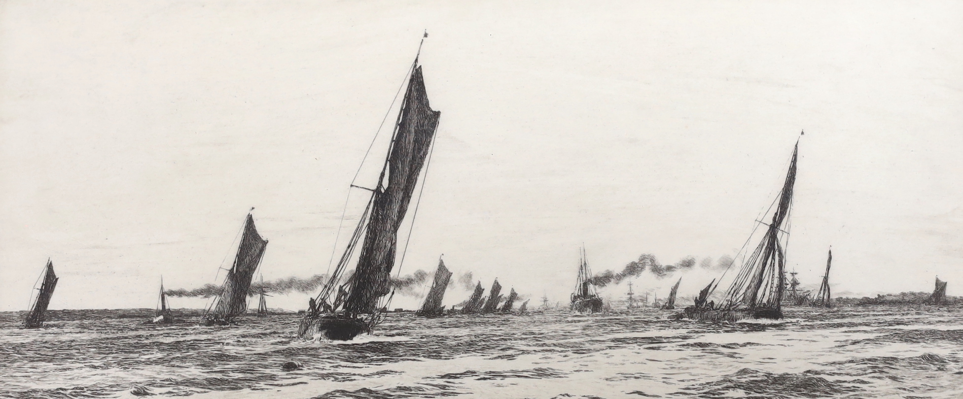 William Lionel Wyllie (1851-1931), etching, 'The Return of the Fishing Fleet, Portsmouth Harbour', signed in pencil, 18 x 36cm